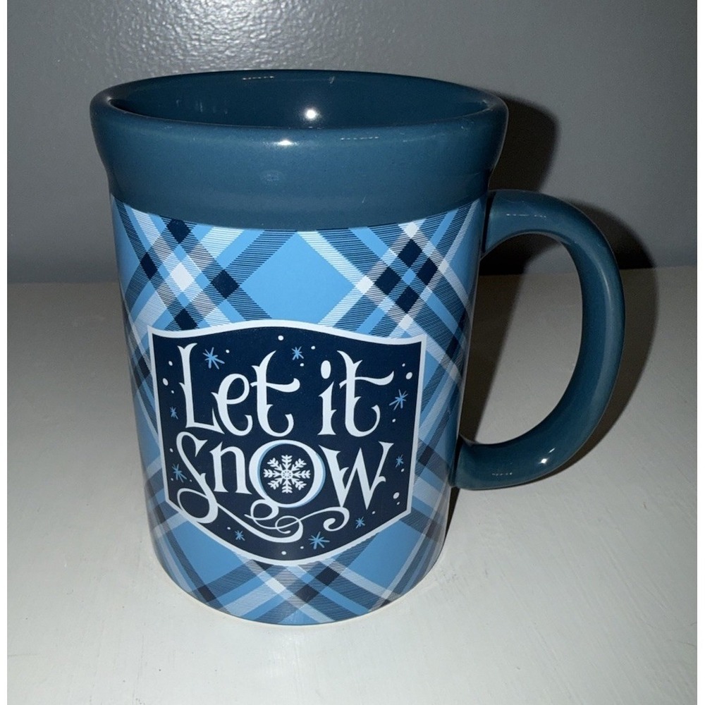 Design Pac Christmas Themed Coffee Mug Let It Snow Green Blue Gingham 4.5"‎ H